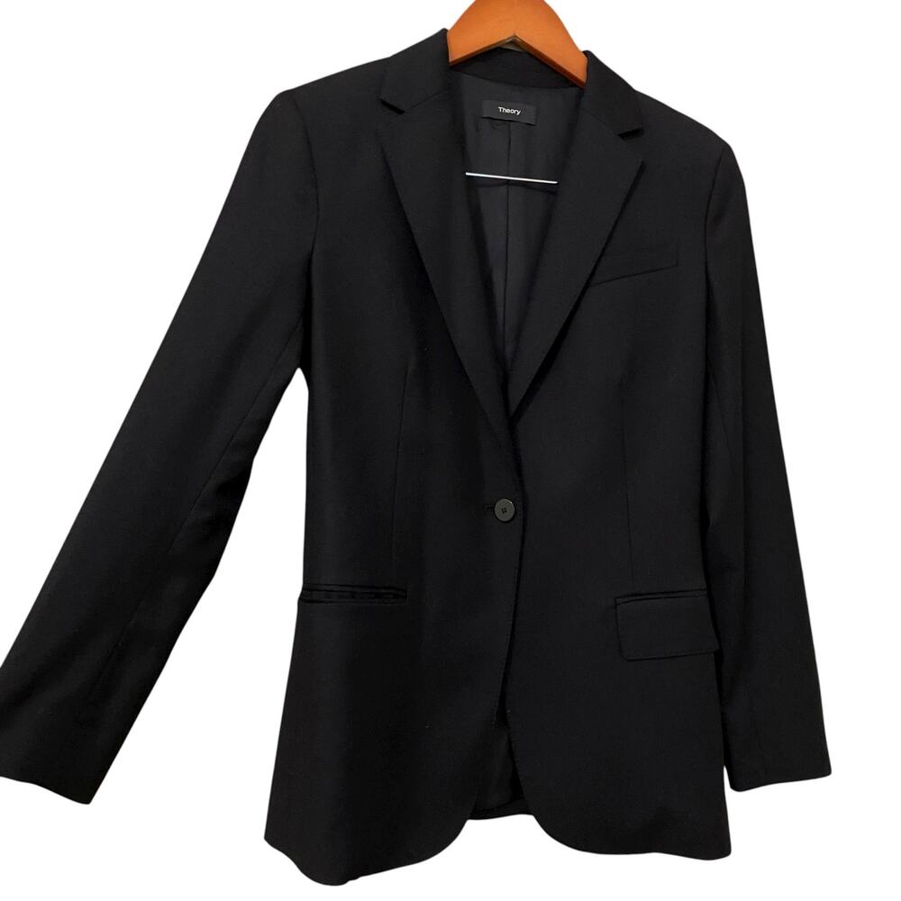 Theory Women Staple Blazer in Sleek Flannel US 2 Black 100% Virgin Wool Business - Picture 8 of 8